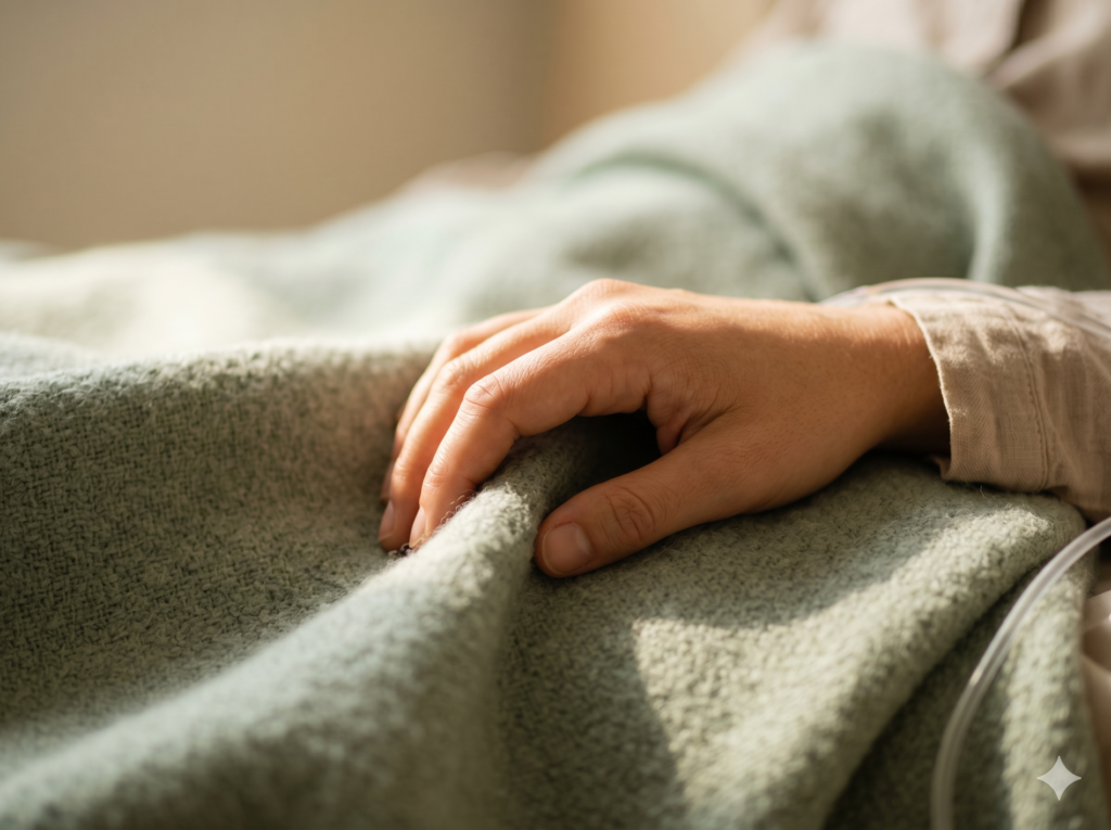 Patient's hand resting on a blanket during an IV ketamine therapy session for addiction recovery at an Avesta Ketamine & Wellness clinic in DC, Maryland, or Virginia.