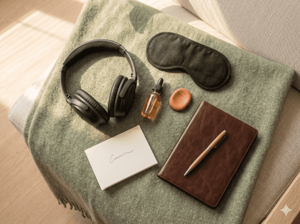 Personal comfort items to bring to a ketamine therapy session — noise-canceling headphones, an eye mask, a journal, a worry stone, and essential oil arranged on a sage-green blanket — recommended preparation for what to expect at an Avesta ketamine infusion.