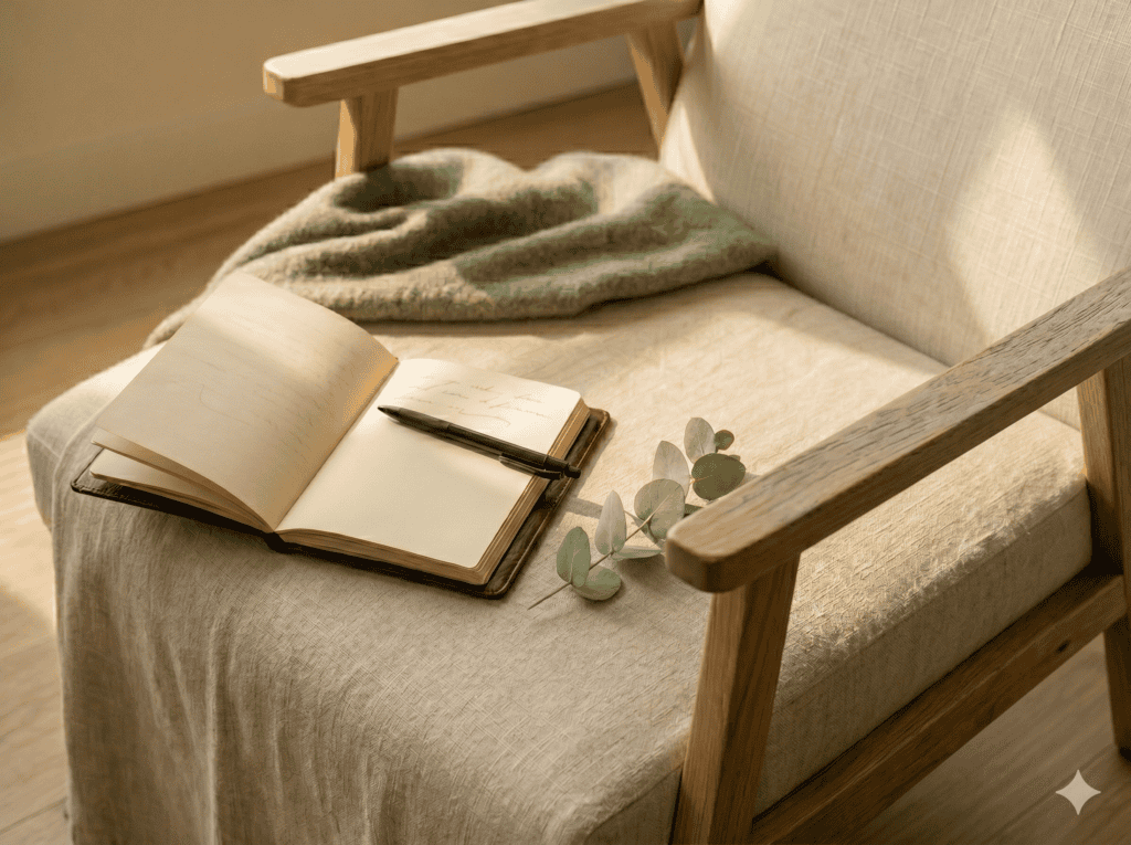 An open journal and a cup of herbal tea on a sage-green blanket in warm morning light — the post-infusion integration practice that helps patients carry the benefits of ketamine therapy forward at Avesta clinics in DC, Maryland, and Virginia.