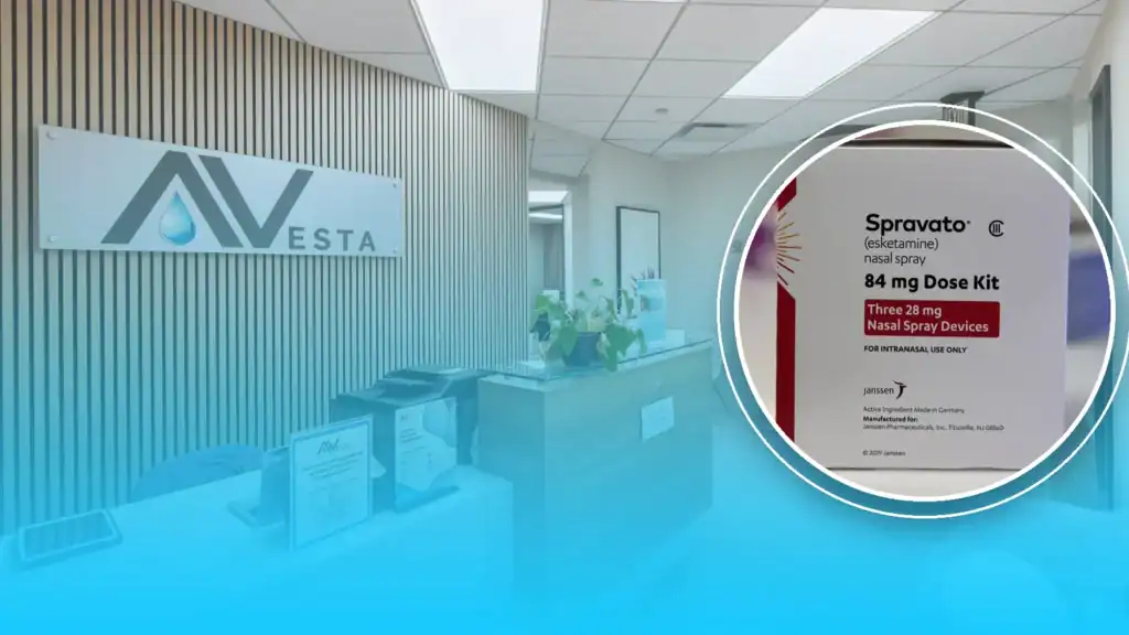 Avesta clinic lobby with the Spravato esketamine nasal spray dose kit shown in a round frame