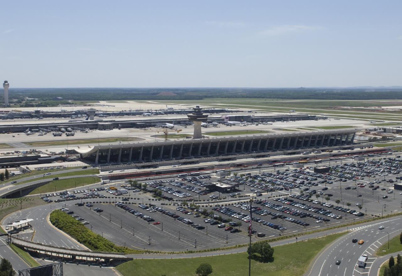 Daytime aerial view of Dulles Stadium